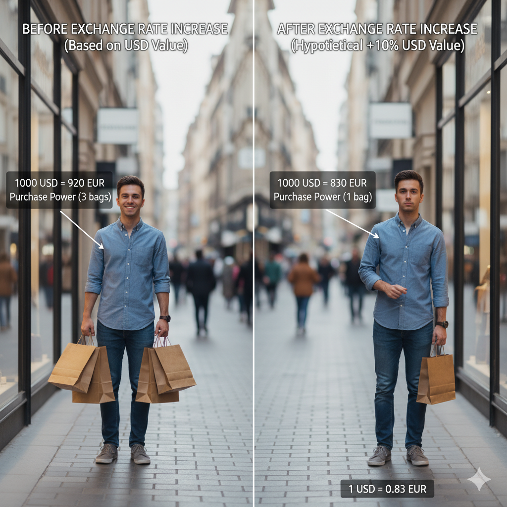 Comparison showing how exchange rate fluctuations affect purchase power internationally